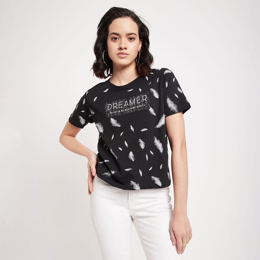 All Over Print Round Neck T-Shirt, काला, large image number null