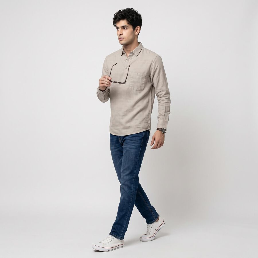 Men's Light Grey Cotton Long Sleeve Collar Shirt, Light Grey, large