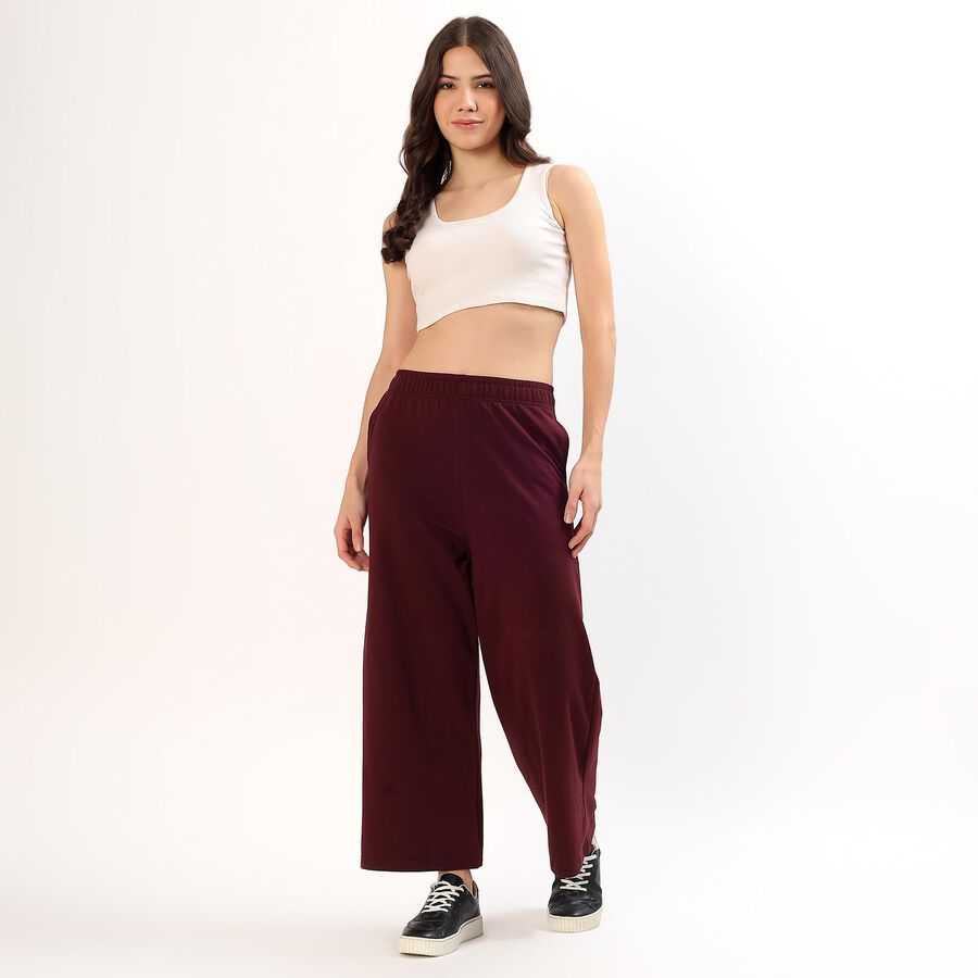 Women's Deep Maroon Wide-Leg Cotton Blend Track Pants, Wine, large image number null