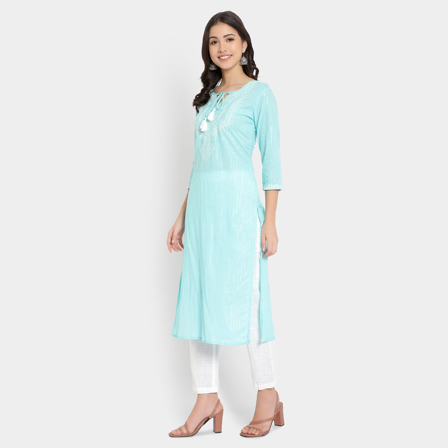 Cotton 3/4Th Sleeves Straight Kurta, Light Blue, large image number null