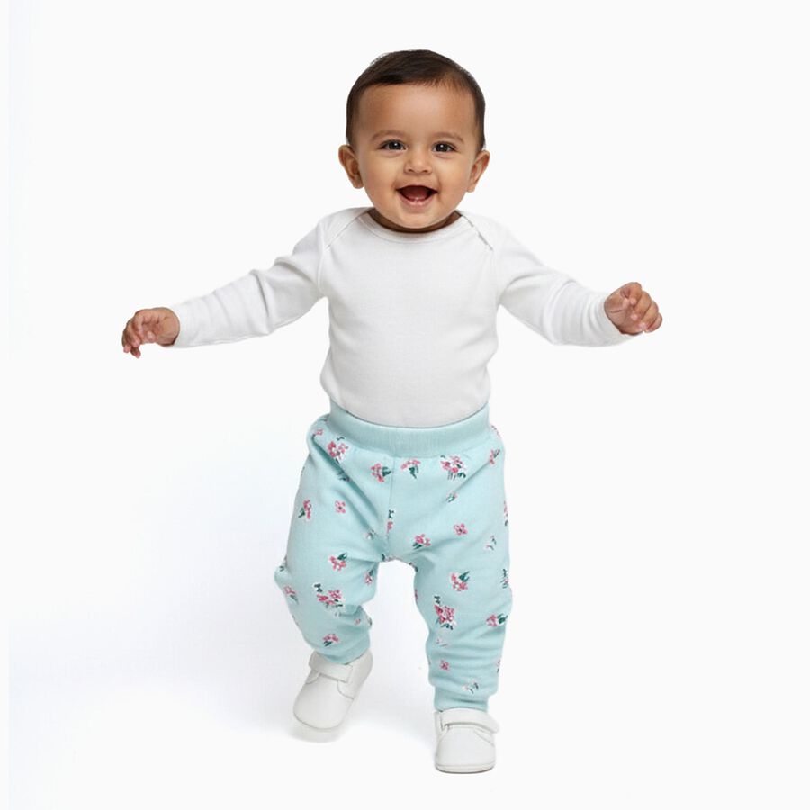 Infants Light Aqua Blue Floral Printed Cotton Pyjama, Light Green, large