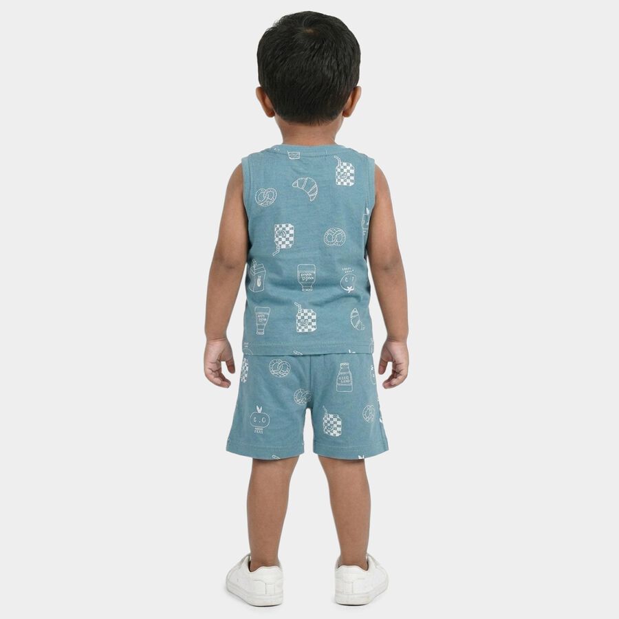 Infants' Teal Cotton Round Neck Graphic Printed Baba Suit, Teal Blue, large