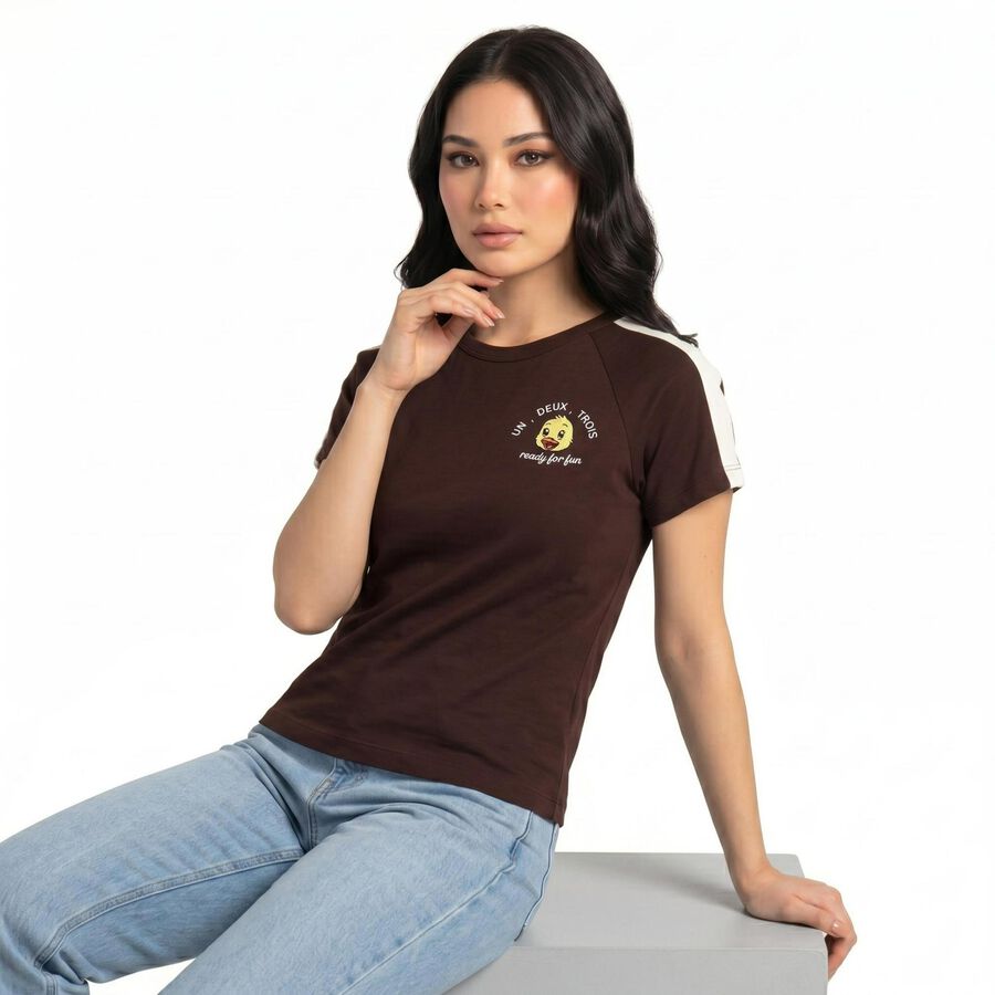 Women Wine Cotton Blend Round Neck Regular T-Shirt, वाइन, large