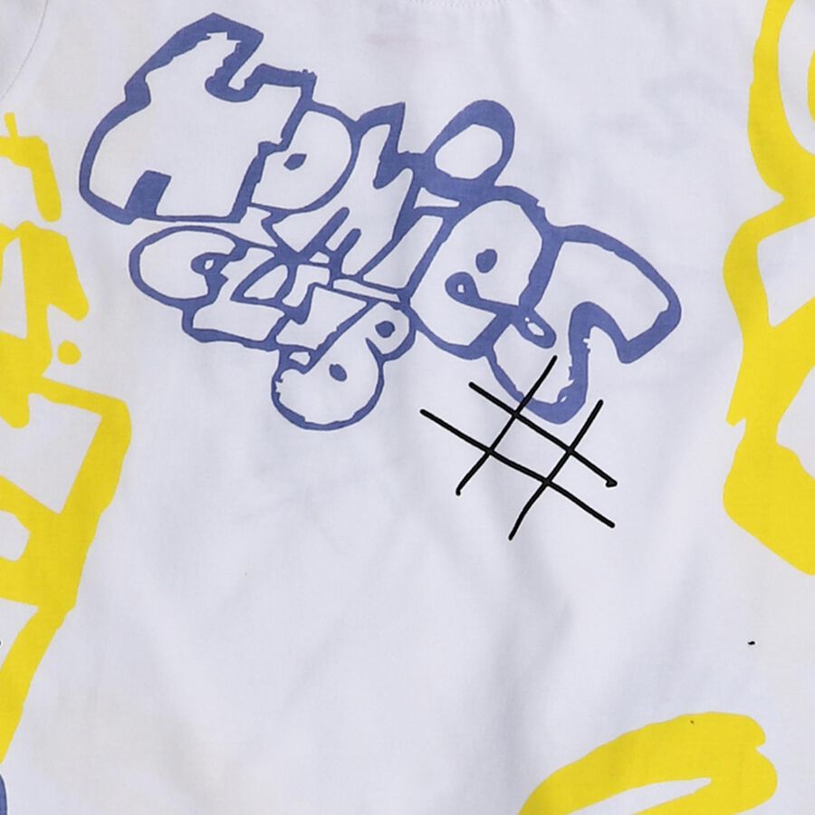 Boys' White Cotton Round Neck Graffiti Printed Baba Suit, White, large image number null