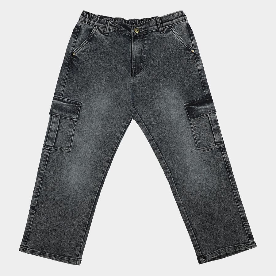Boys Dark Grey Cargo Fit Washed Jeans, गहरा ग्रे, large