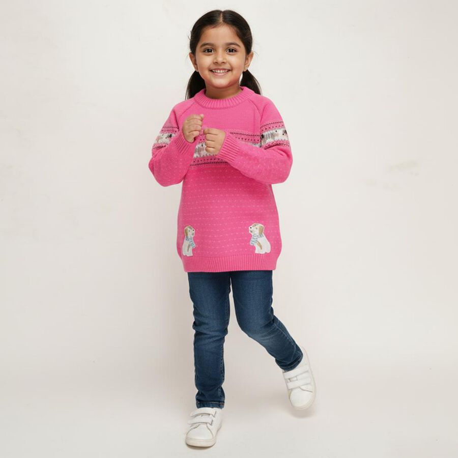 Girls Bright Pink Crew Neck Casual Pullover, Pink, large image number null