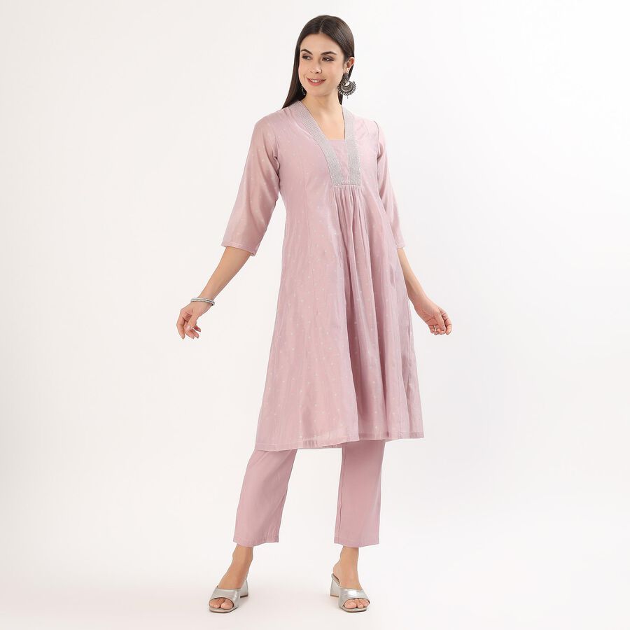 Women's Light Lavender Purple Round Neck Solid Kurta, Lilac, large