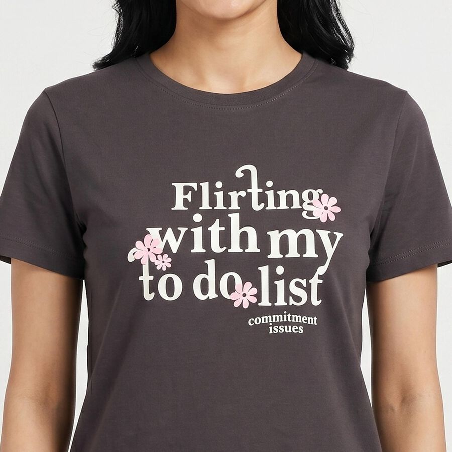 Women Dark Grey Round Neck Regular T-Shirt, Dark Grey, large
