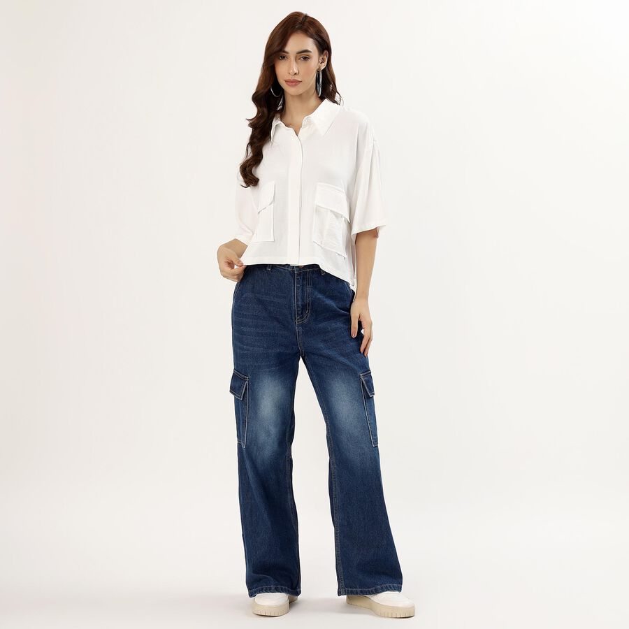 Women's Stonewashed Blue Wide-Leg Cargo Jeans, Dark Blue, large image number null