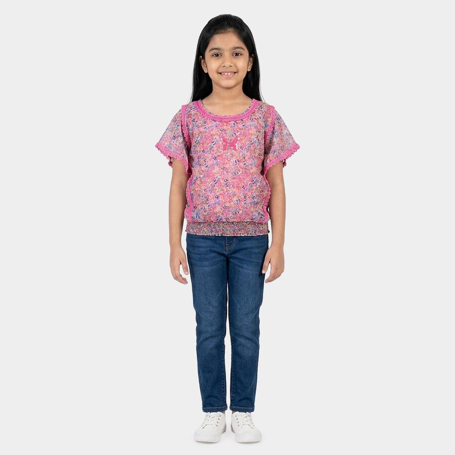 Girls Pink Round Neck Casual T-Shirt, Light Pink, large