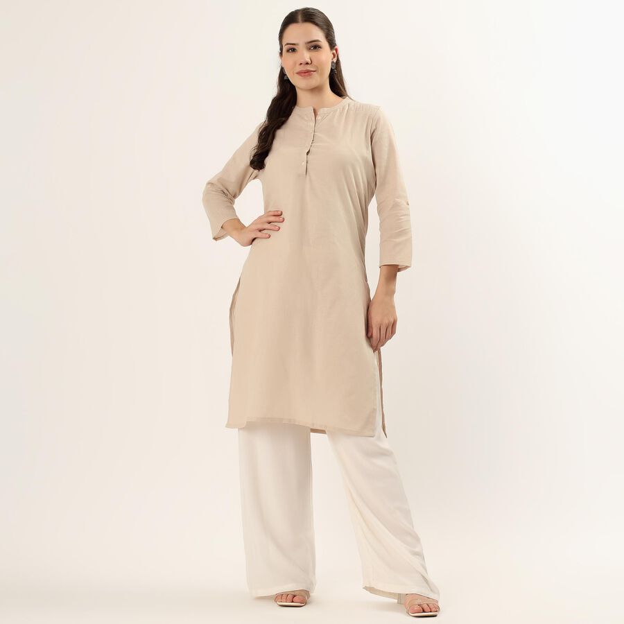 Women's Beige 100% Cotton Notch Neck Printed Straight Kurta, Beige, large