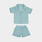 Infants' Aqua Cotton Collared Textured Baba Suit, एक्वा, small