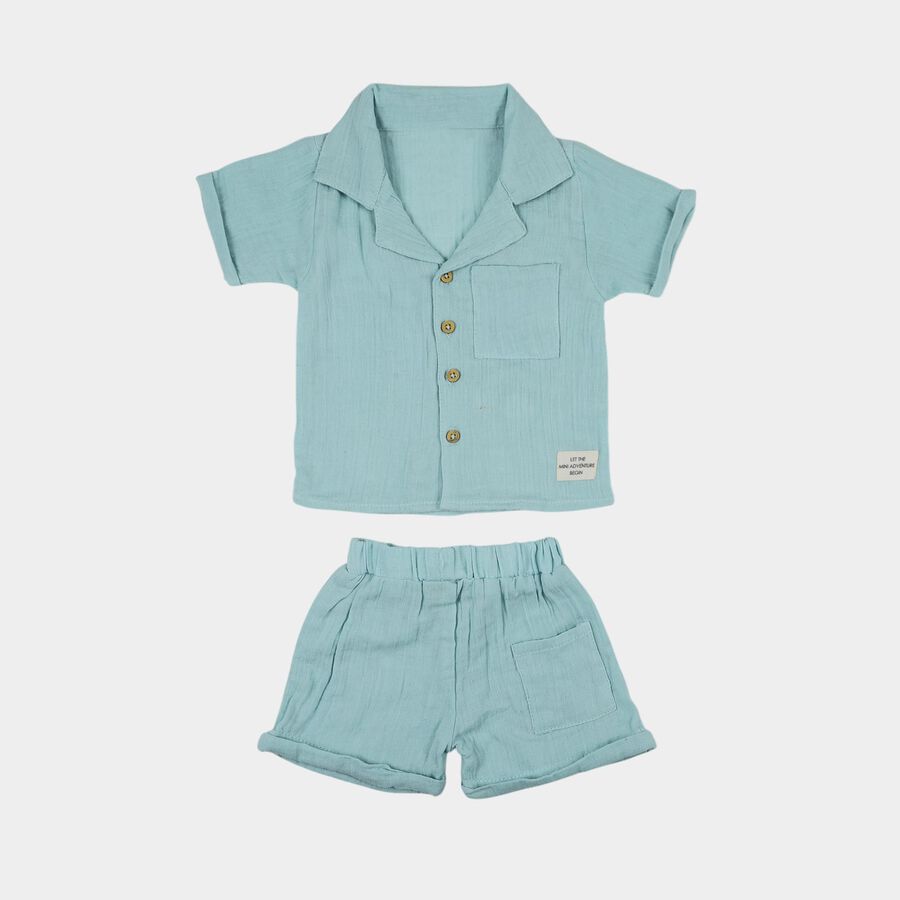 Infants' Aqua Cotton Collared Textured Baba Suit, एक्वा, large