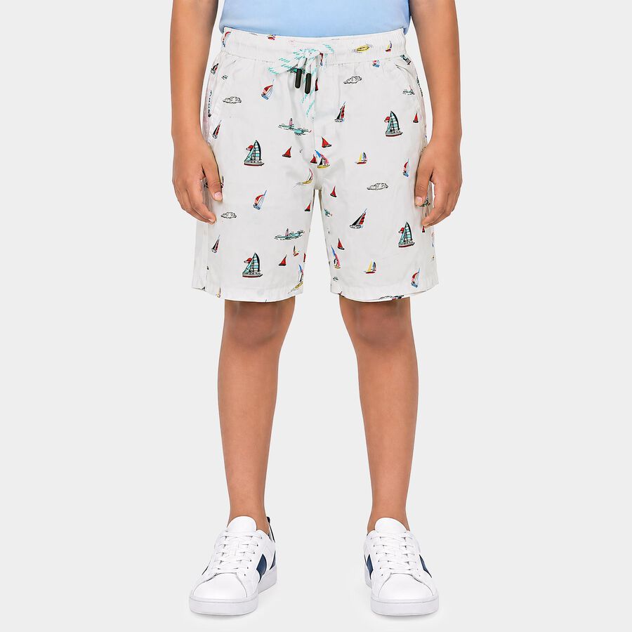 Boys White Regular Fit Printed Bermuda Shorts, सफ़ेद, large