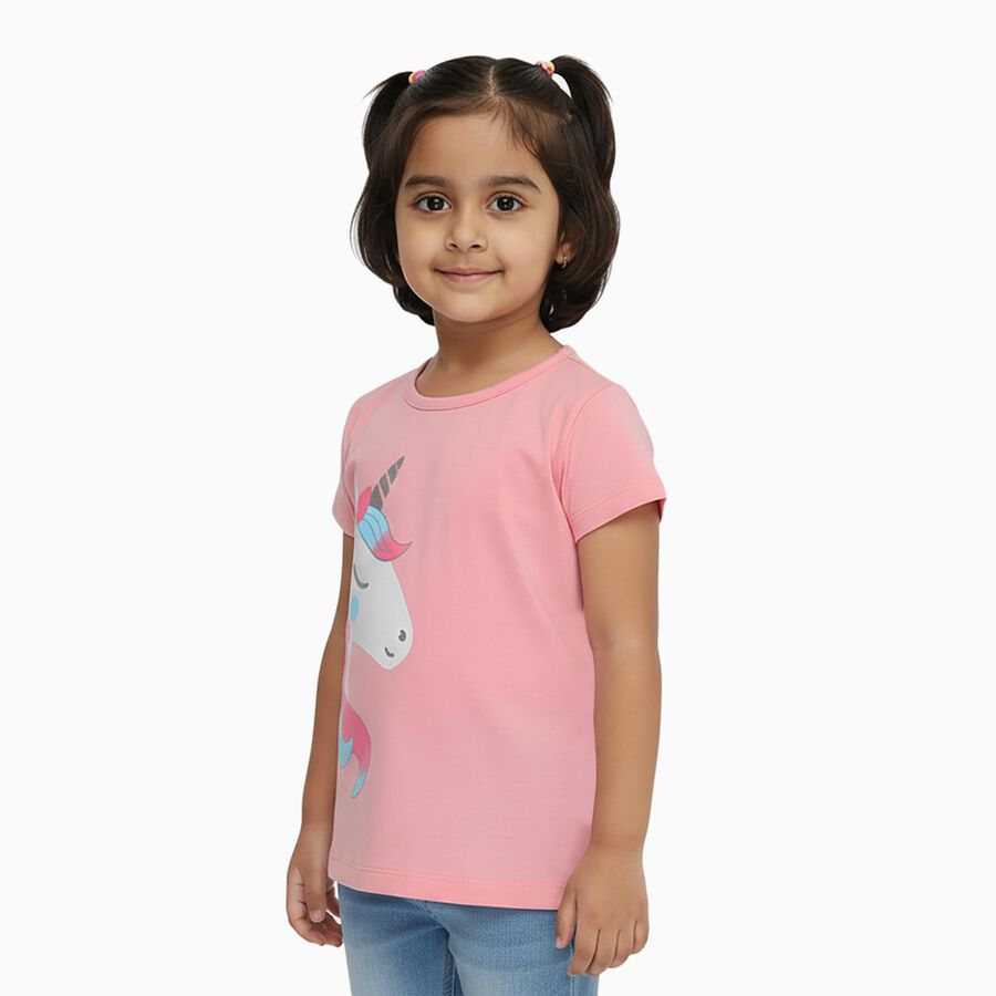 Girls' Pink Cotton Round Neck Casual T-Shirt, गुलाबी, large