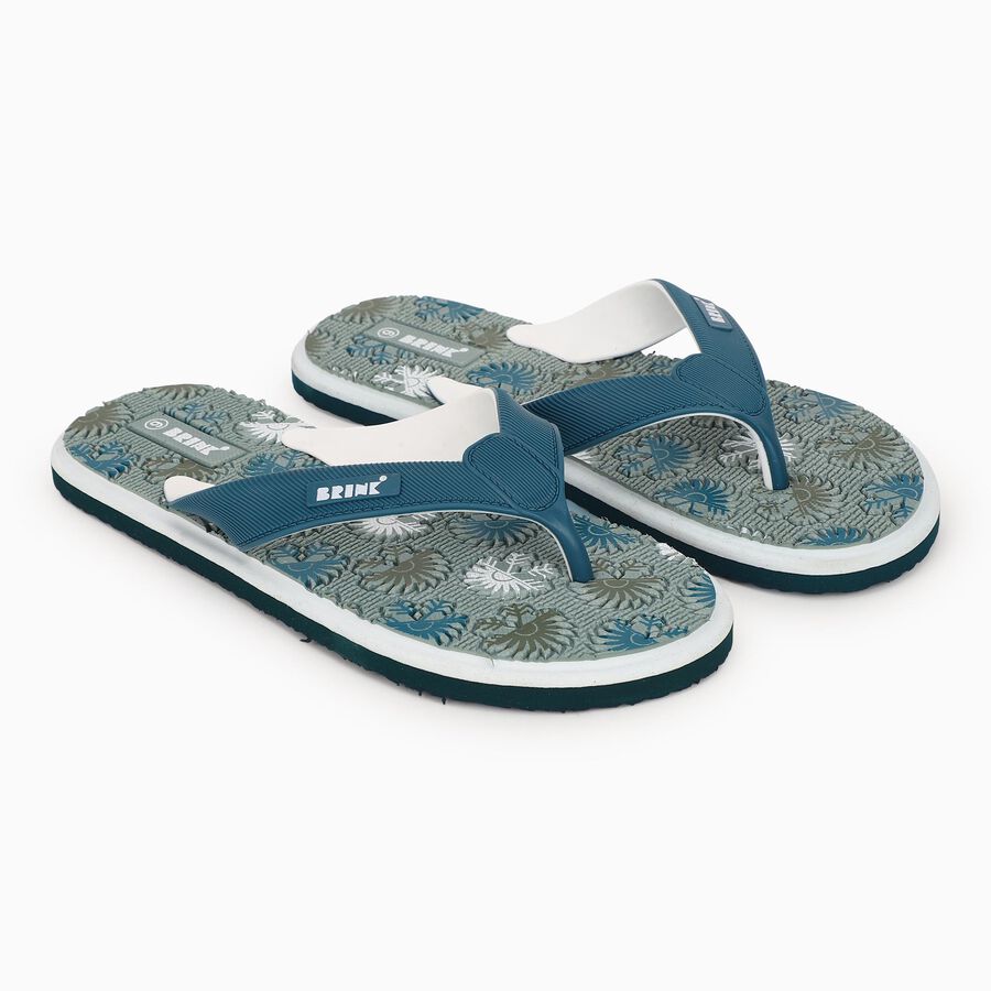 Men's Muted Teal Blue Floral Print Flip-Flops, हरा, large