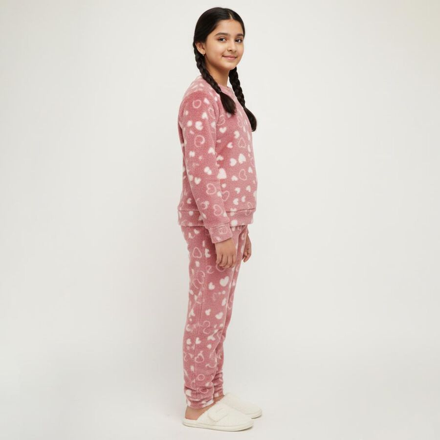 Girls' Dusty Rose Heart Printed Fleece Winter Pyjama, Pink, large image number null