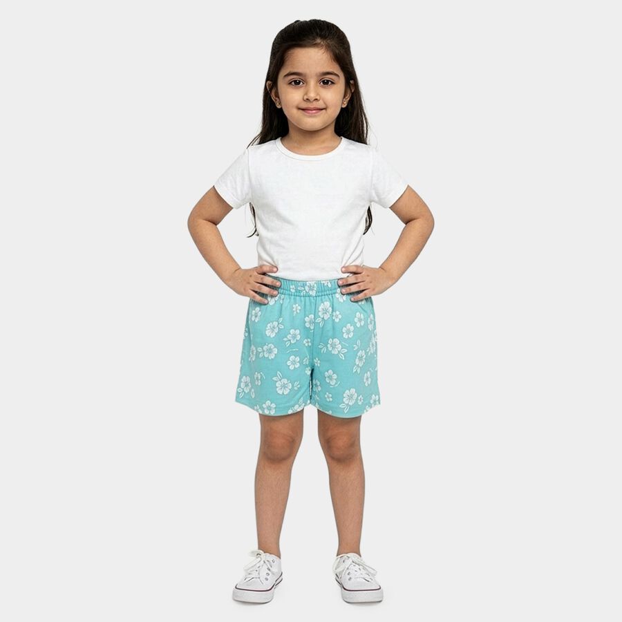 Girls' Teal Regular Fit Floral Printed Shorts, एक्वा, large