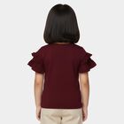Girls Wine Cotton Round Neck Ruffle Sleeve T-Shirt, Wine, small
