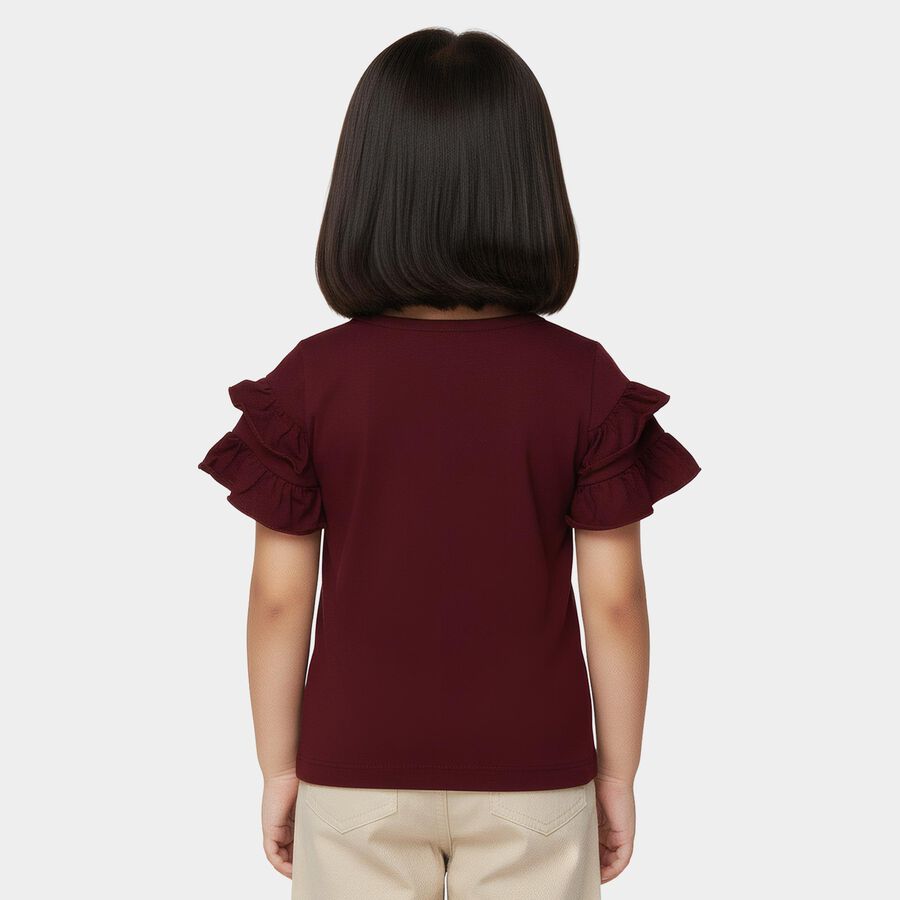 Girls Wine Cotton Round Neck Ruffle Sleeve T-Shirt, Wine, large