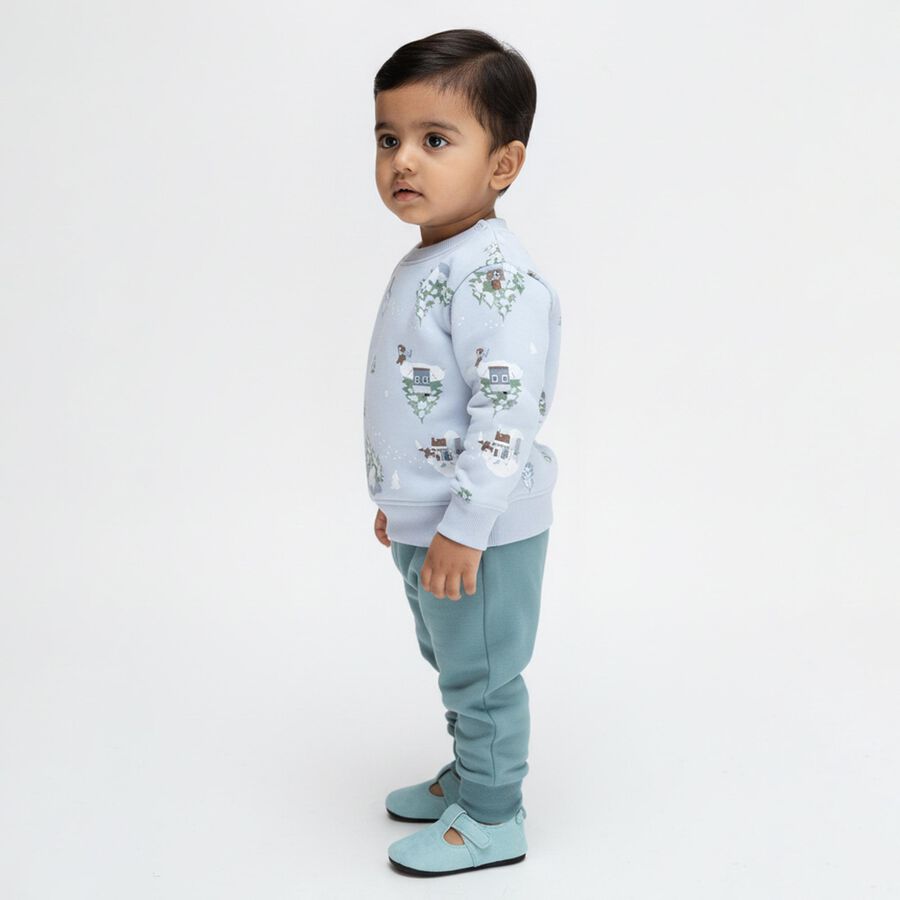 Infants' Light Blue Round Neck Cartoon Print Baba Suit, हल्का नीला, large image number null