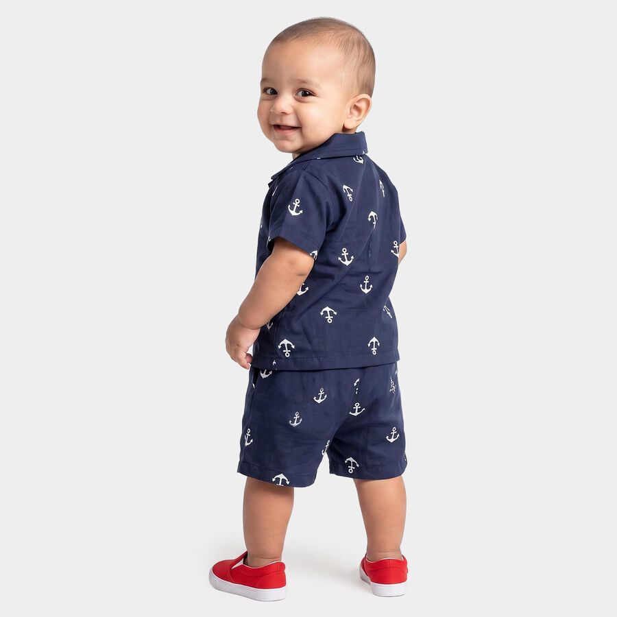 Infants' Navy Blue Cotton Collar Neck Anchor Printed Baba Suit, Navy Blue, large