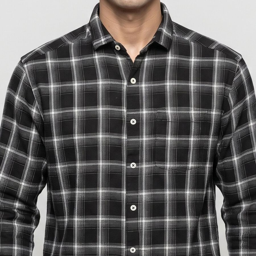 Men's Black Cotton Checked Casual Shirt, Black, large