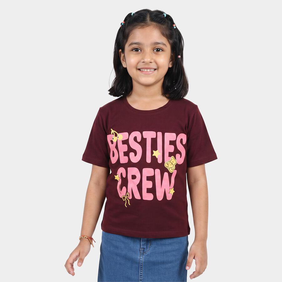 Girls Wine Round Neck Regular T-Shirt, Wine, large