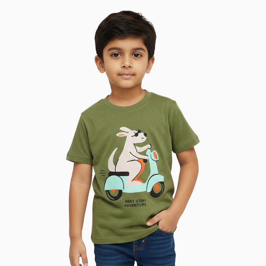 Boys Muted Olive Green Cotton Crew Neck Casual T-Shirt, Olive, large