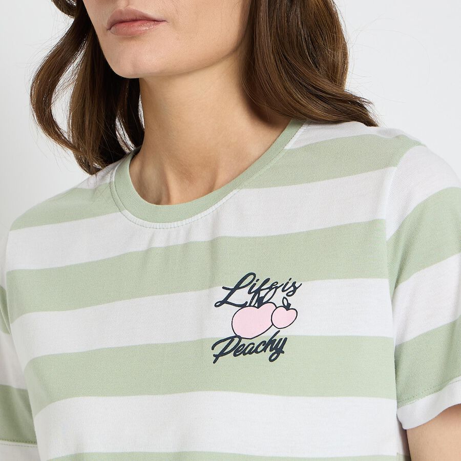Ladies'  Stripes Round Neck T-Shirt, Light Green, large image number null