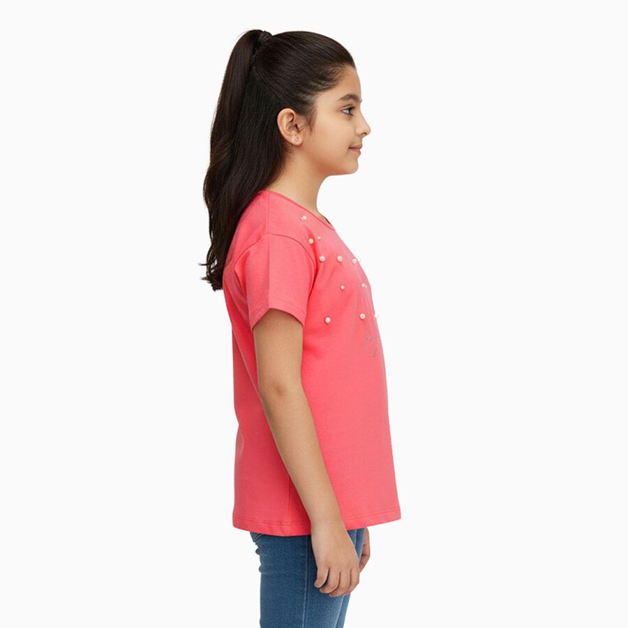 Girls Bright Coral Pink Cotton Round Neck Casual T-Shirt, Pink, large