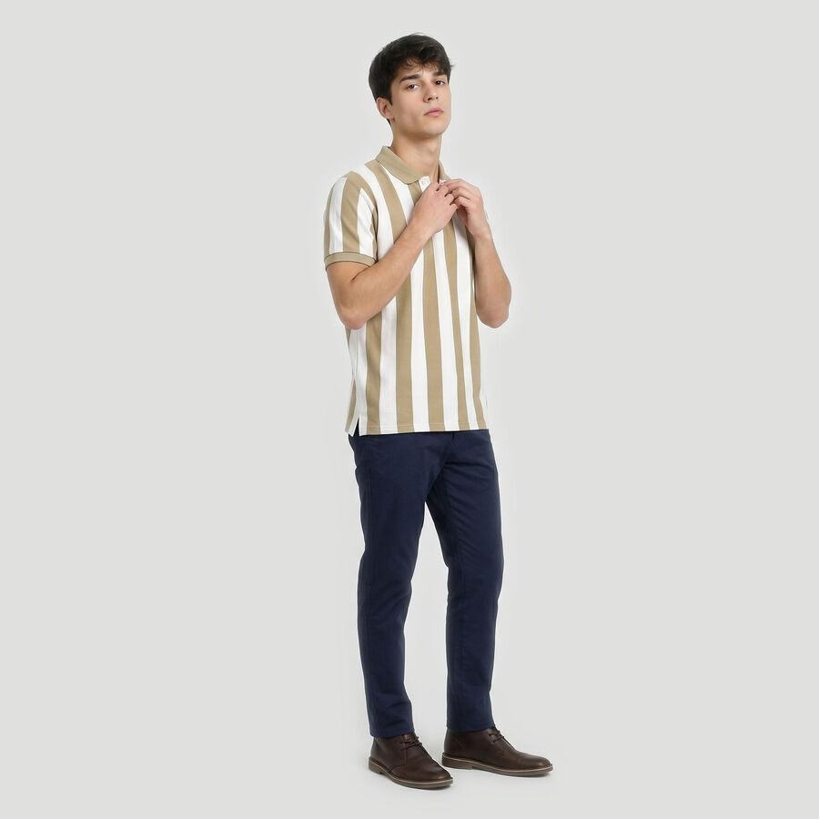 Men's Beige Polo Neck Striped T-Shirt, Beige, large