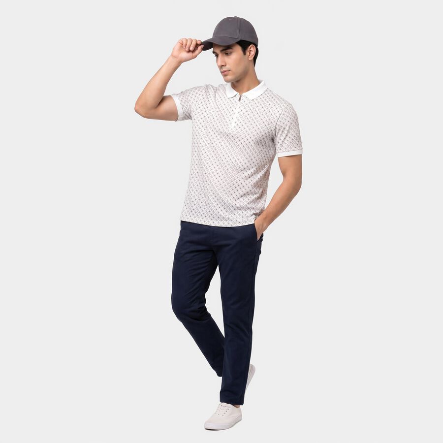 Men's White Cotton Polo Neck Printed T-Shirt, White, large