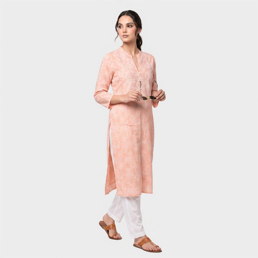 Women's Peach Cotton Round Neck Kurta, Peach, large