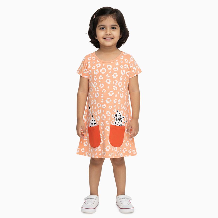 Girls' Peach Animal Print A-Line Frock with Patch Pockets, Light Pink, large