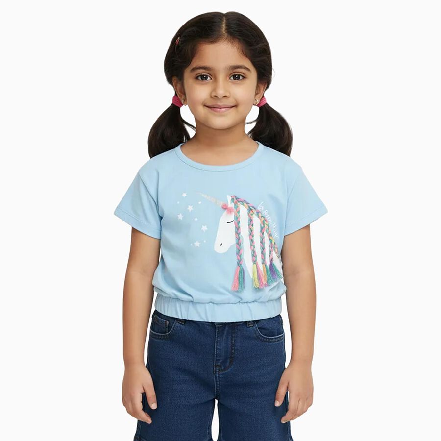 Girls Light Powder Blue Cotton Round Neck Casual T-Shirt, Light Blue, large