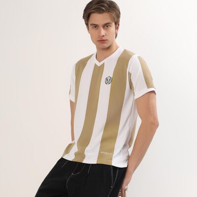 Men's Beige and White V-Neck Striped T-Shirt