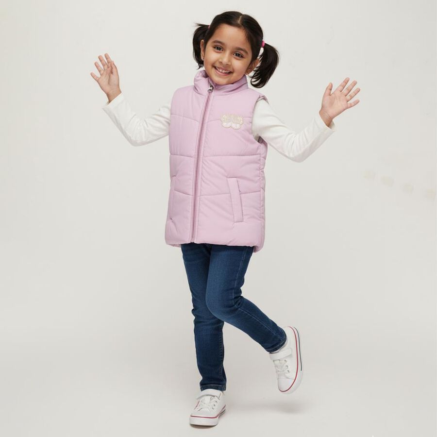 Girls Pastel Pink High Neck Sleeveless Puffer Jacket, Lilac, large image number null