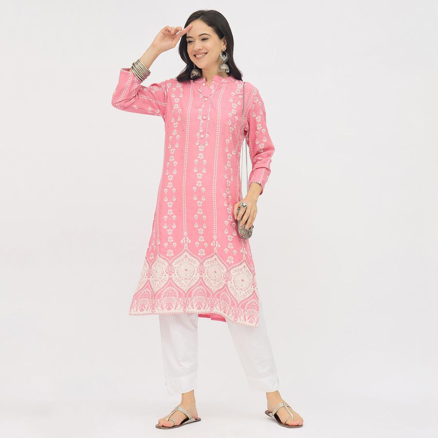 Ladies' Bright Rose Pink Round Neck Placement Printed Kurta, Pink, large image number null
