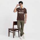 Men Brown Polo Neck Graphic Print T-Shirt, Brown, small