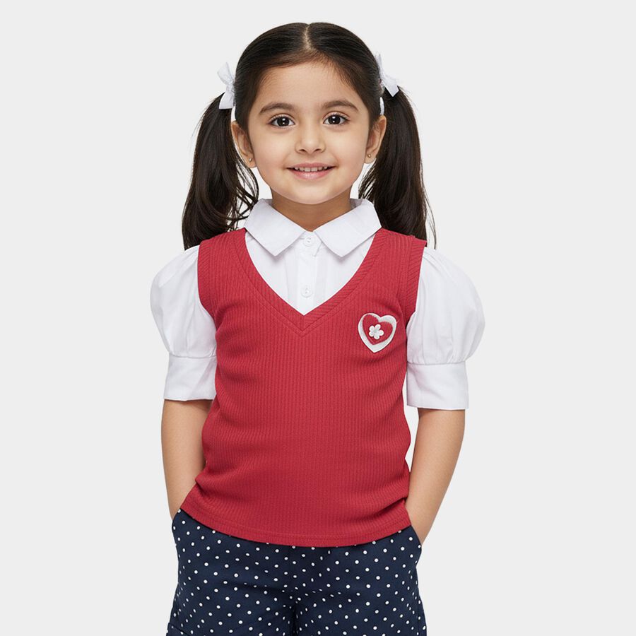 Girls' Pink V-Neck Preppy T-Shirt, Pink, large