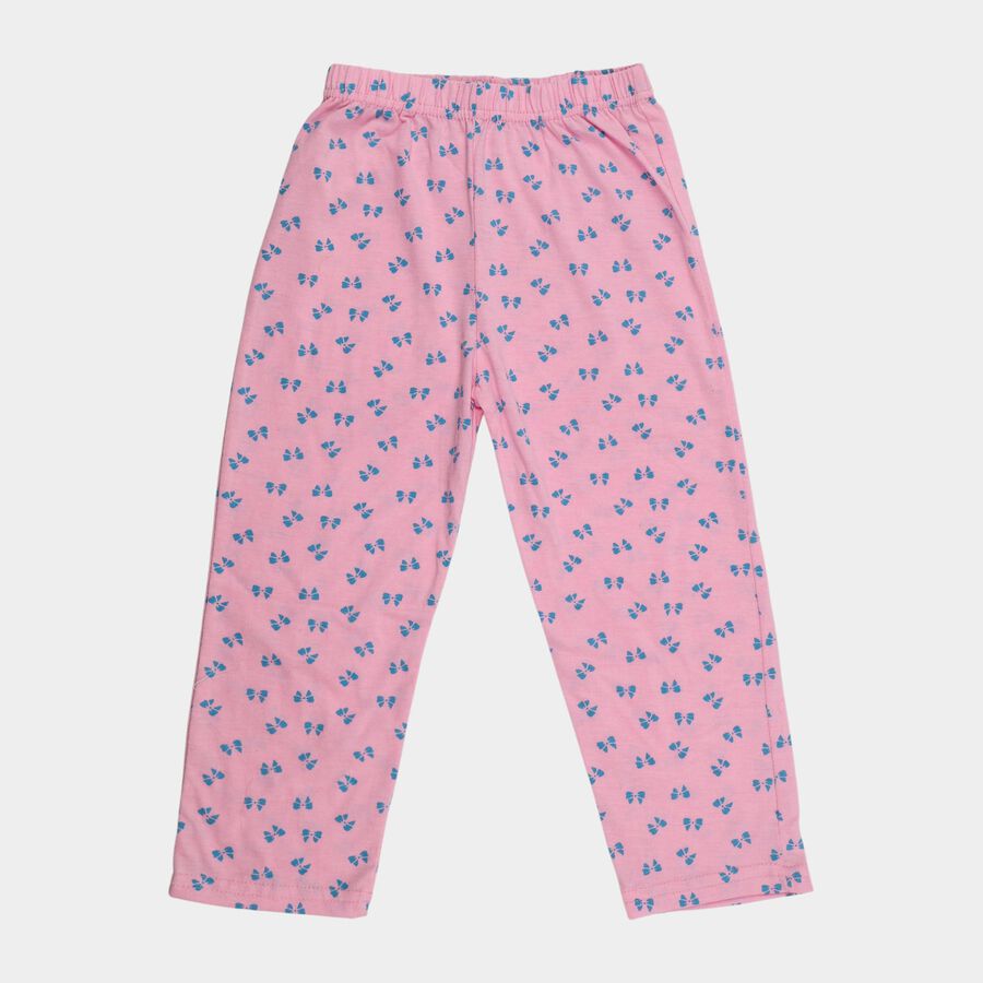 Girls' Pink Regular Fit Bow Printed Cotton Blend Pyjama, हल्का गुलाबी, large