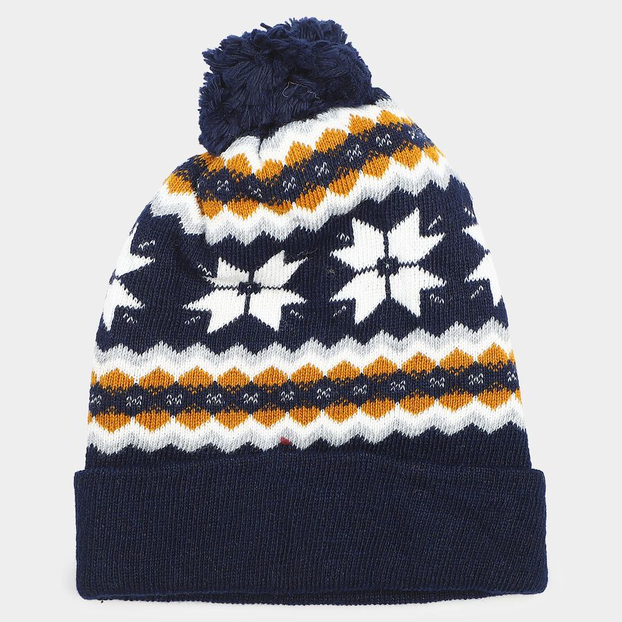Boys Junior Navy Blue Snowflake Knit Beanie Cap, Navy Blue, large