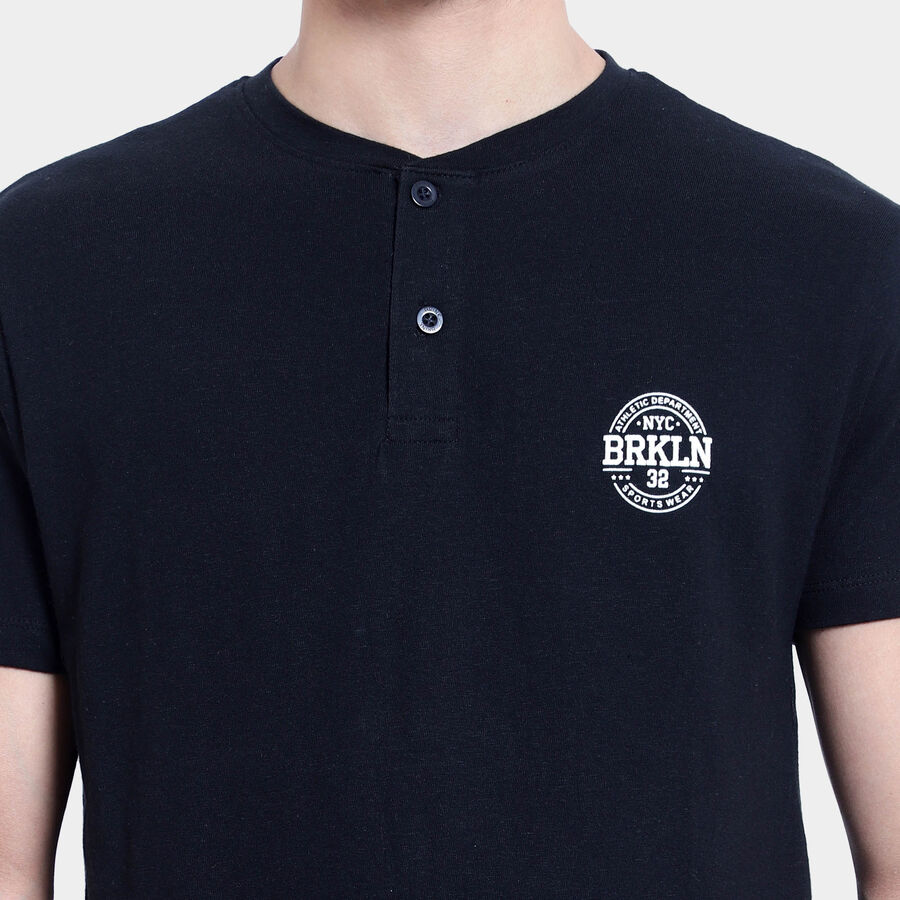Cotton Solid Henley T-Shirt, Black, large image number null
