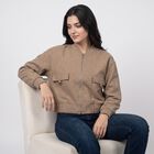 Women's Brown Ribbed Collar Bomber Jacket, भूरा, small