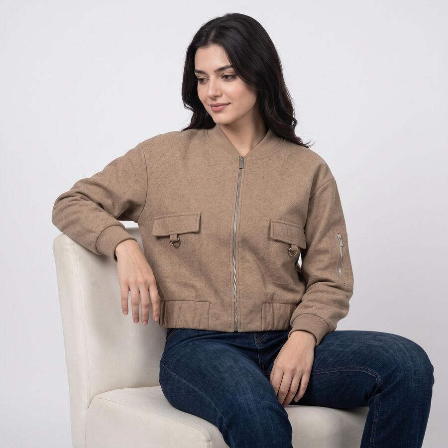 Women's Brown Ribbed Collar Bomber Jacket, भूरा, large