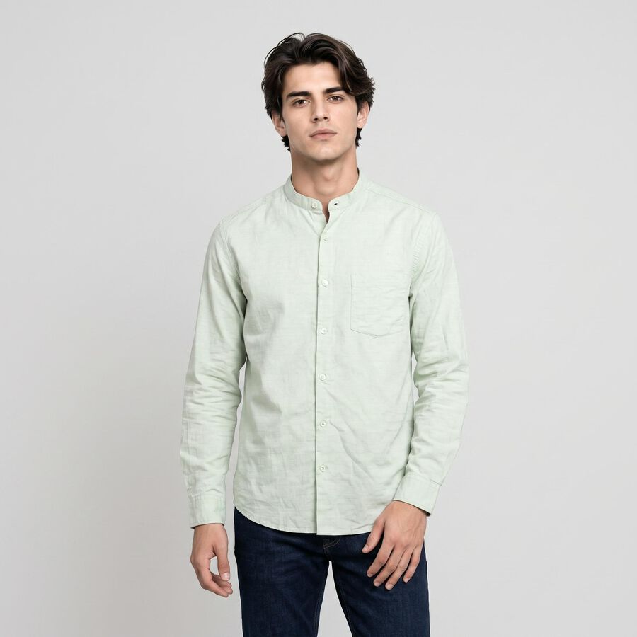 Men's Mint Green Cotton Mandarin Collar Shirt, Light Green, large