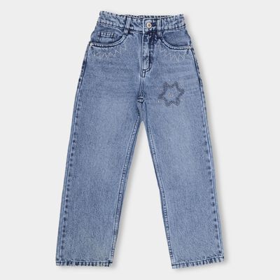 Girls' Stonewashed Blue Wide Leg Buttoned Jeans