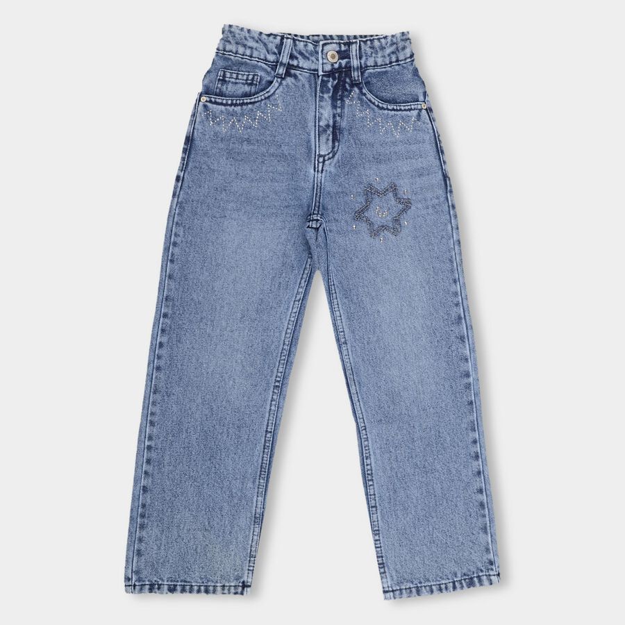 Girls' Stonewashed Blue Wide Leg Buttoned Jeans, Mid Blue, large image number null