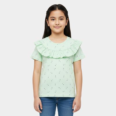 Girls Mint Green Cotton Round Neck Casual T-Shirt